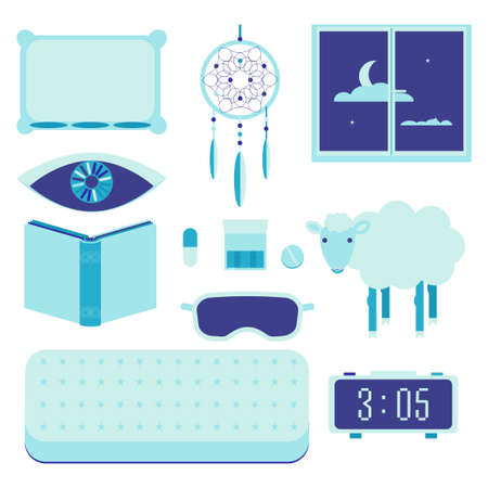 Sleep icon set. Stock vector illustration of insomnia and sleep problems objects isolated on white background. Flat styleのイラスト素材