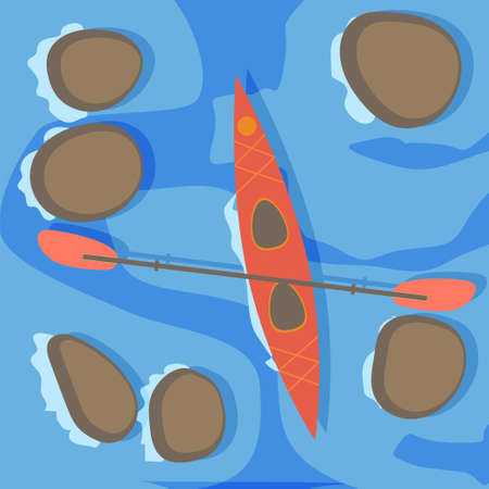 Water sports equipment. Stock vector illustration of a top view scene with an empty boat and a paddle on a river. Flat styleのイラスト素材