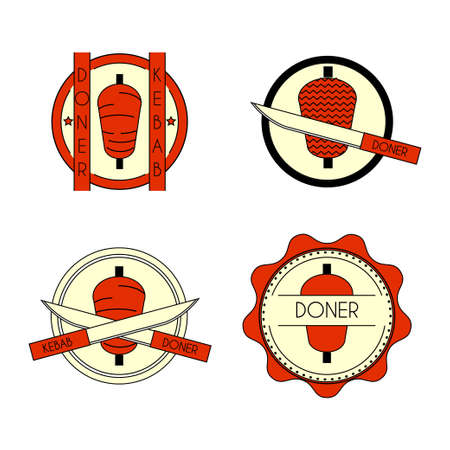 Doner kebab colorful badge set. Stock vector illustration of turkish fast food for restaurant logo and promo design.のイラスト素材