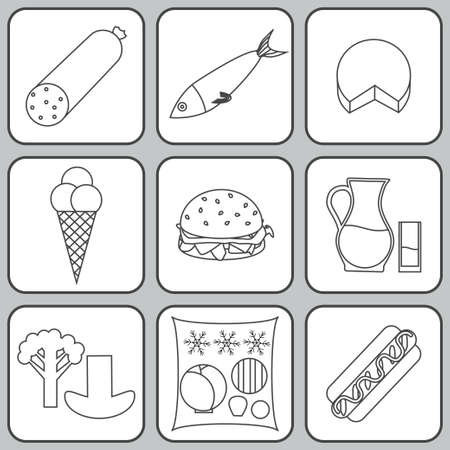 Listeria contaminated food icon set in black outline. Stock vector illustration of products that may cause listeriosis. Medicine and biology collectionのイラスト素材