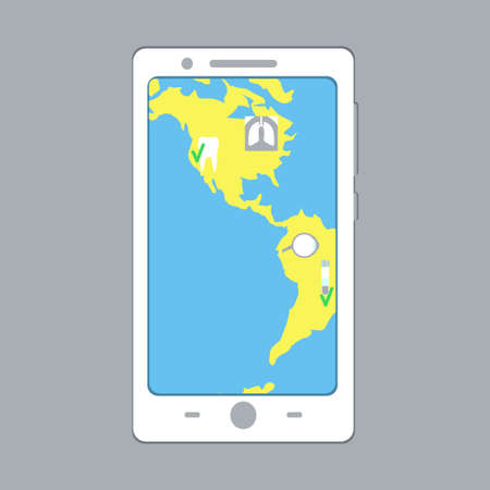 E-medicine smartphone concept. Stock vector illustration with a phone as medical checklist where different organs and health tests are being assessed. Telemedicine and telehealth, remote medicine.のイラスト素材