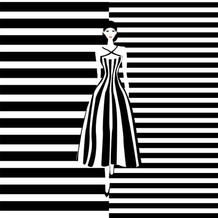 Fashion model in black and white striped dress. Stock vector illustration of fashionable woman in glamour vogue style.のイラスト素材