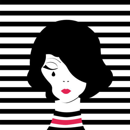 Fashion pop-art girl crying. Stock vector illustration of glamour lifestyle woman on black and white stripped background. Minimalistic style.のイラスト素材