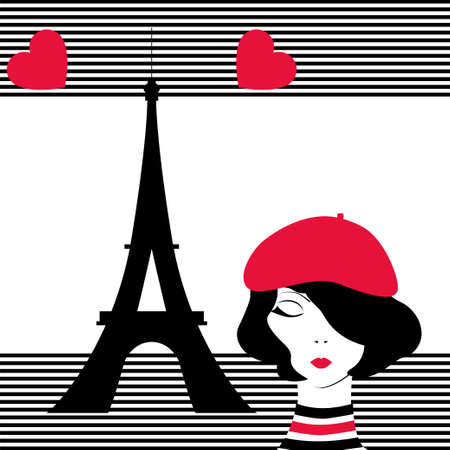 Fashion pop-art girl in Paris. Stock vector illustration on black and white stripped background for glamour lifestyle in minimalistic style.のイラスト素材