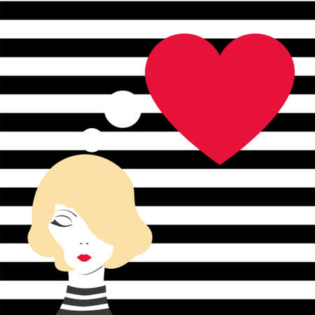 Fashion pop-art girl dreaming of love. Stock vector illustration on black and white stripped background for glamour lifestyle in minimalistic styleのイラスト素材