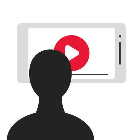 Person viewing video on big smartphone screen. Stock vector illustration for online broadcast, tv program, mobile content, home cinema, live stream watching, digital entertainment and addiction.のイラスト素材