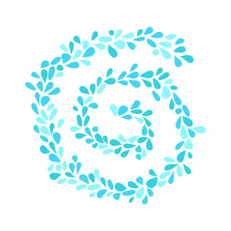 Small water drops forming a spiral on white background. Stock vector illustration of blue splash and flow.のイラスト素材