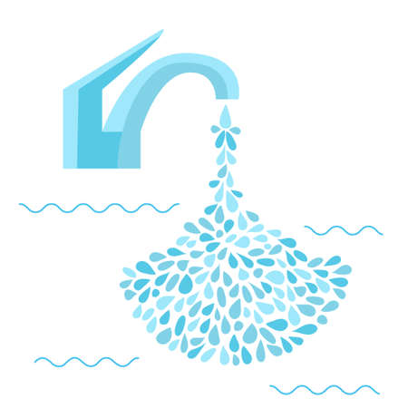 Faucet with leaking small water drops. Stock vector illustration of a tap with blue splash and flow .のイラスト素材