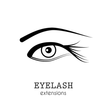 Eye emblem with eyelash extension isolated on white background. Stock vector illustration of logo for make-up service, beauty salon procedure, make up artist.のイラスト素材