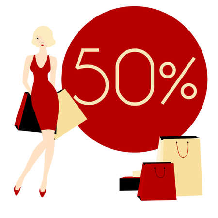 Black Friday poster design with blonde glamour girl isolated on white background. Stock vector illustration of fashion woman with the shopping bags.のイラスト素材