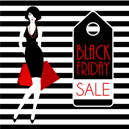 Black Friday poster design with glamour girl on black and white stripped background. Stock vector illustration of fashion woman with the shopping bags.のイラスト素材