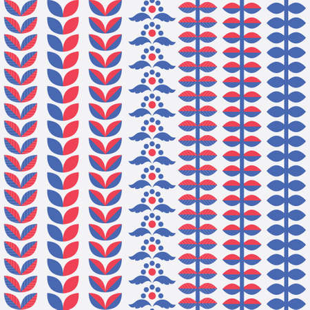 Scandinavian folk style minimal pattern. Stock illustration of floral ornamental vertical border with blue and red elements on white background for invitation, greeting card, save the date.のイラスト素材