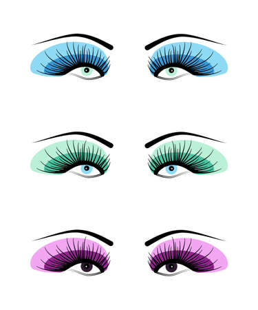 Open shadowed eyes with long eyelashes isolated on white background. Stock vector illustration of logo for make-up service, beauty salon procedure, make up artist.のイラスト素材