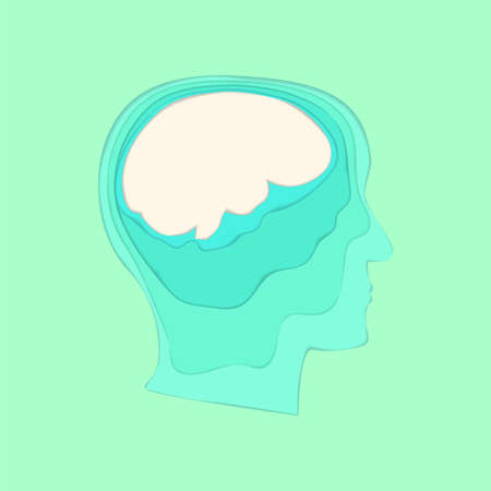 Papercut human profile brain concept. Stock vector illustration of man head and brain by green...
