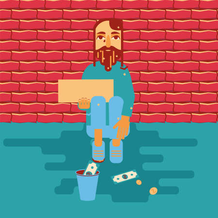 Homeless bearded man in dirty old clothes with blank tablet in hand begging for money vector illustrationのイラスト素材