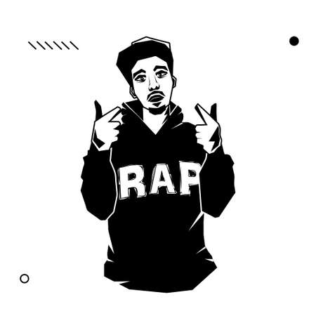Young male rapper with pointing hands isolated on white background. Stock vector illustration of rebelious youth, modern lifestyle person, rap music singer.のイラスト素材
