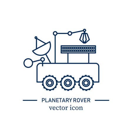 Planetary rover icon. Stock vector illustration of modern vehicle for exploring the surface of new planets in space. Outline icon isolated on white background.のイラスト素材