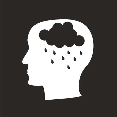 Depression mental disease icon. Stock vector illustration of a human profile with a raining cloud on brain's place.のイラスト素材