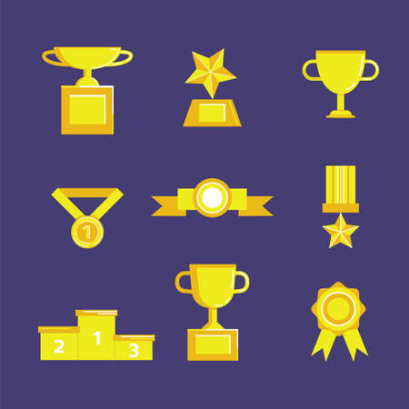 Prize and award icon set. Stock vector illustration of medal, trophy, cup for winning in sport and other competition. Flat style.のイラスト素材