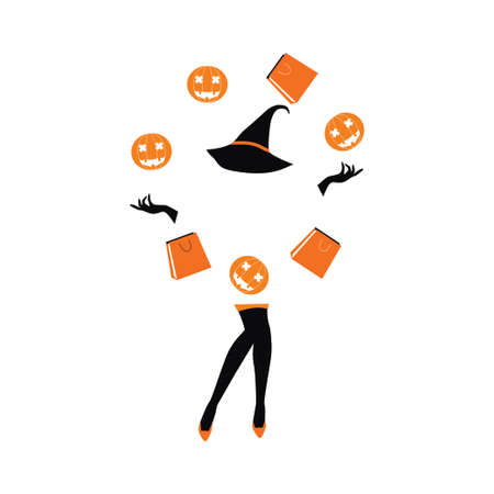 halloween sale girl juggling bags and pumpkinのイラスト素材