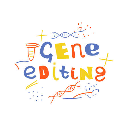 Gene editing vector concept. Stock vector illustration of lettering with dna molecules in bright colors.のイラスト素材