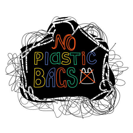 No plastic bags doodle vector lettering. Stock vector illustration for ecological projects and eco friendly motivational bannersのイラスト素材