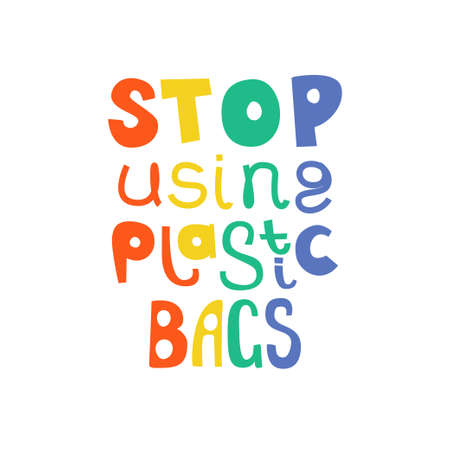 No plastic bags doodle vector lettering. Stock vector illustration for ecological projects and eco friendly motivational bannersのイラスト素材