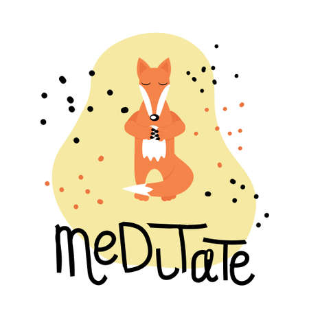Fox character meditates isolated on yellow background. Stock vector illustration of peaceful animal meditation.のイラスト素材