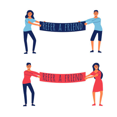 Refer a friend concept. Stock vector illustration of a woman and a man holding a placard