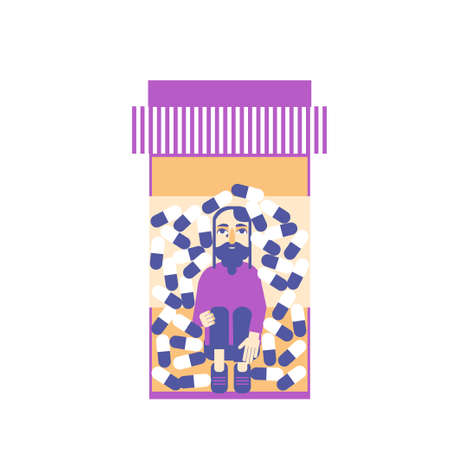 a sad man trapped inside a pill bottle vector conceptのイラスト素材