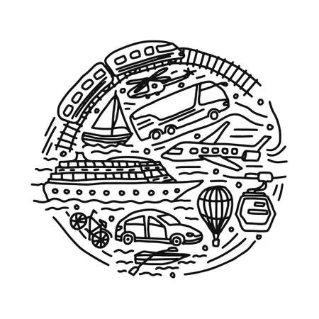transportation different vehicles round vector doodle illustrationのイラスト素材