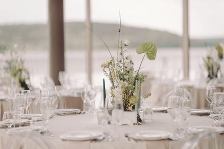 Wedding table setting on the beach. Selective focus.
