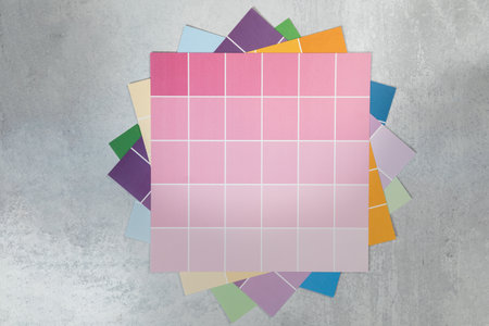 Assorted color swatches fanned out flat lay backgroundの写真素材