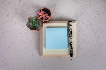 Blank no words light blue posted note with pen and two small office desk plants