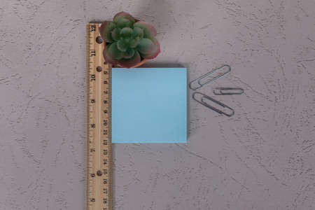 Wooden ruler with blank blue posted note pad small desk plant and paper clips add content or messageの写真素材