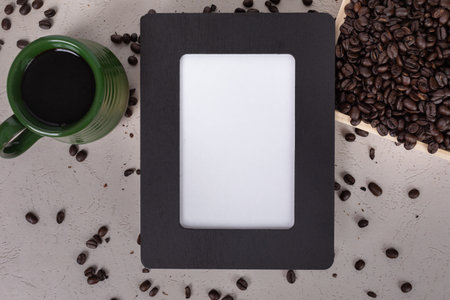 Flat lay background white sign blank empty no words in black wooden picture frame scattered whole...