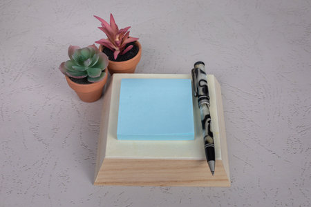 Blank empty square light blue sticky notepad with office pen and two home desk plant no words ready to addd contentの写真素材