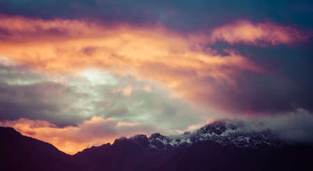 Magnificent vivid sunset in mountains of Himalayas, Nepal