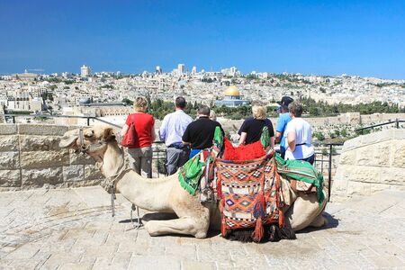 Tourists looking at Dome of the Rock in Jerusalem with camel lying gracefully  on the foregroundの写真素材