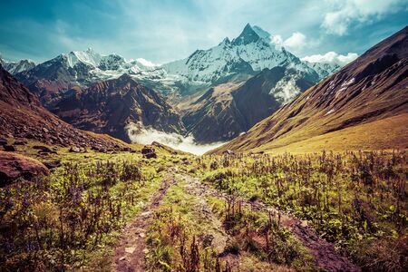 Majestic beautiful Fishtail Mountain in Annapurna mountain range, Nepalの写真素材