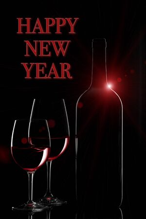 Red wine bottle and twowine glasses with flare on black backgroundの写真素材