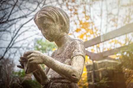 Garden statue of knitting woman.の写真素材