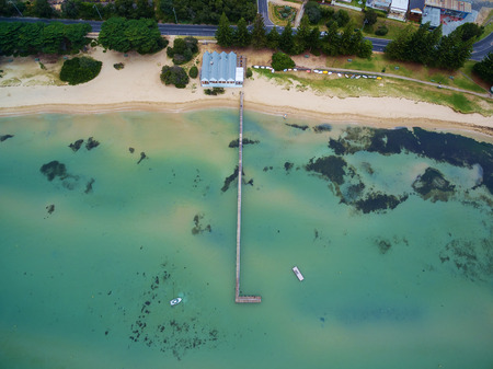 Aerial view of Sorrento Long Pier and The Baths Restaurant. Mornington Peninsula, Melbourne, Australiaの写真素材