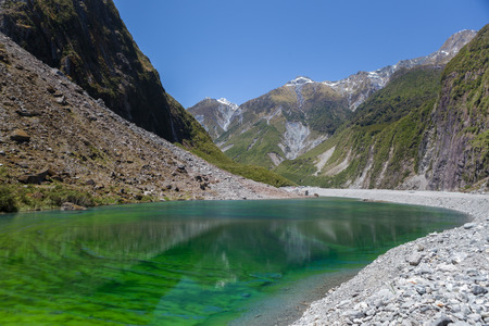 Water pond filled with vivid green algae located near the famous Fox Glacier, South Island, New Zealand.の写真素材
