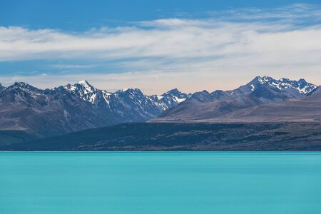 Magnificent Lake Tekapo and snow-capped Southern Alps, Canterbury, New Zealandの写真素材