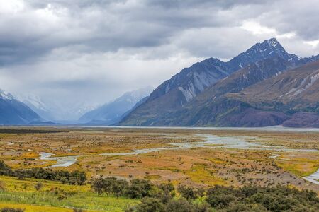 Beautiful Tasman River at Aoraki Mount Cook National Park, Canterbury, South Island, New Zealandの写真素材