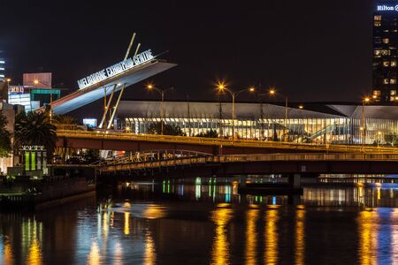 Melbourne CBD - APR 16 2016: Nightscape closeup of Melbourne Exhibition Centre signのeditorial素材