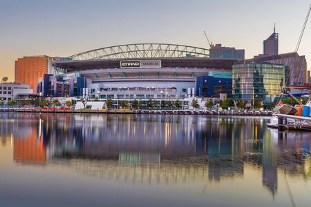 Melbourne, Australia - Feb 21 2016: Etihad Stadium viewed from Docklands waterfront in early morning lightのeditorial素材