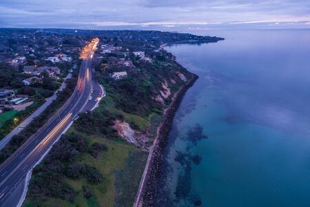 Aerial view of Olivers Hill and Nepean Highway on Mornington Peninsula at dusk. Frankston, Victoria, Australaiの写真素材