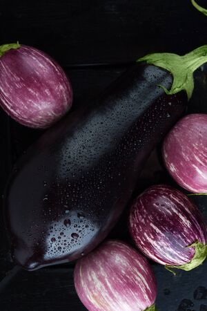 Wet black and purple striped eggplants extreme closeup. Top view, vertical imageの写真素材